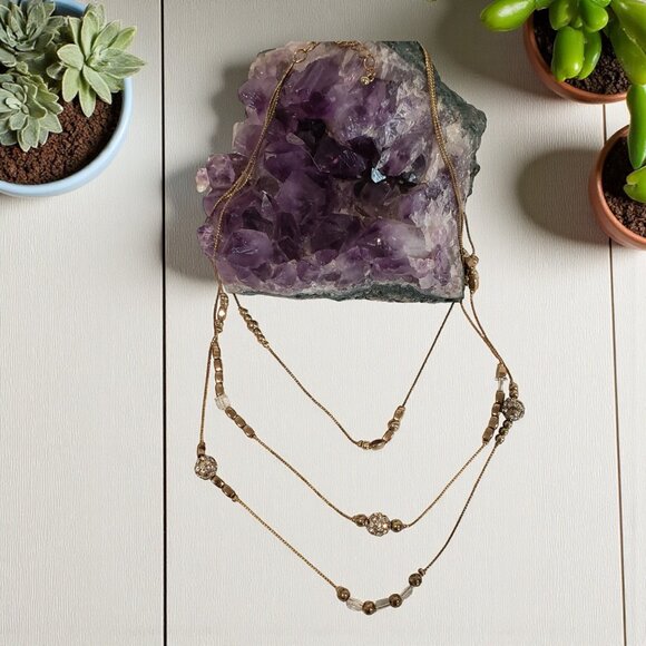 Chico's Gold Tone Layered Necklace with Clear Beads - 3 Strand Statement Jewelry - Picture 2 of 4